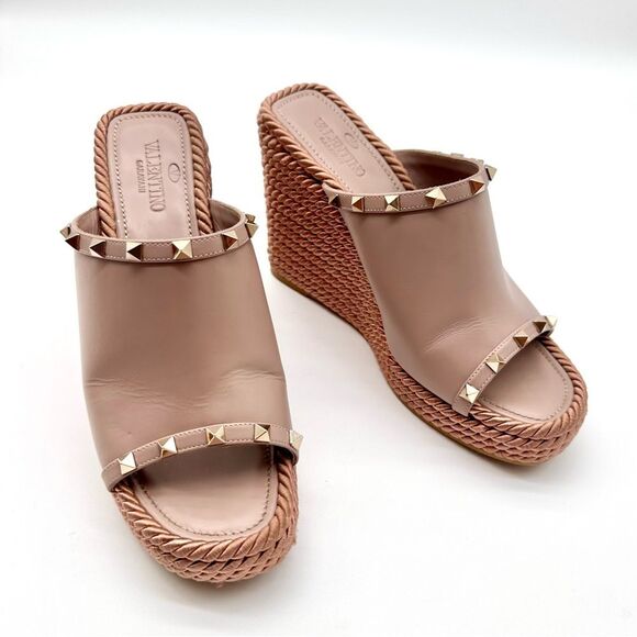 Valentino Garavani Torchon Rockstud Wedge Espadrille Sandals Nude Leather EU 41 - Picture 12 of 15